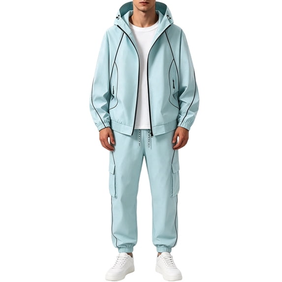 Men's 2 Piece Hooded Windbreaker Suit Jacket and Cargo Pants Lightweight Zip Up Multi Pocket Sports Outfit