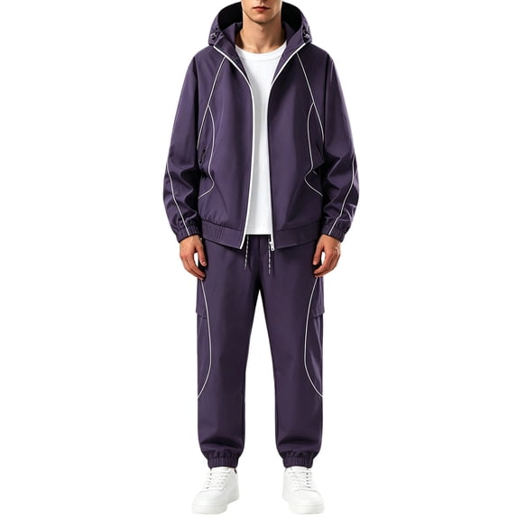Men's 2 Piece Hooded Windbreaker Suit Jacket and Cargo Pants Lightweight Zip Up Multi Pocket Sports Outfit