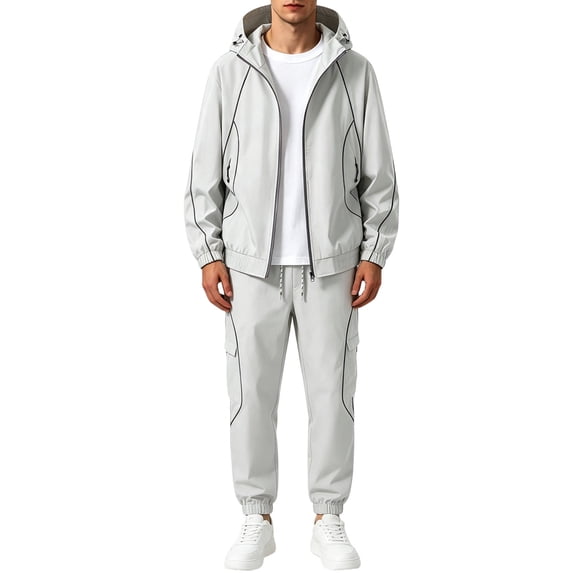 Men's 2 Piece Hooded Windbreaker Suit Jacket and Cargo Pants Lightweight Zip Up Multi Pocket Sports Outfit