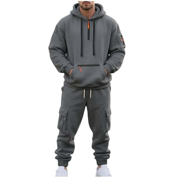 Men's 2 Piece Hoodie & Cargo Pants Tracksuit - Half Zip Casual Workwear Set, Solid Color Long Sleeve Hooded Top & Cargo Pants Fashion Outfit
