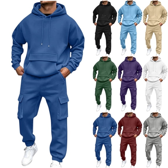 Men's 2-Piece Hoodie and Cargo Pants Set Long Sleeve Pullover with Front Pocket Jogger Tracksuit Casual Streetwear Daily Wear