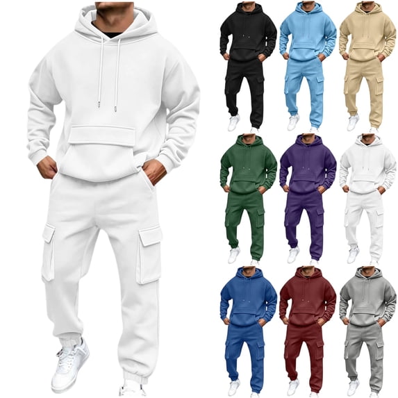 Men's 2-Piece Hoodie and Cargo Pants Set Long Sleeve Pullover with Front Pocket Jogger Tracksuit Casual Streetwear Daily Wear
