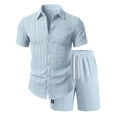 thumbnail image 1 of Men's 2 Piece Jacquard Textured Beach Outfits Summer Casual Button Down Shirts and Shorts Matching Sets Big and Tall Size S-3XL Light Blue, 1 of 7