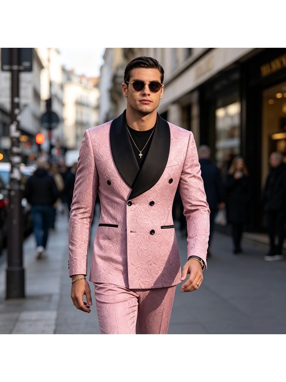 Men's 2-Piece Jacquard Tuxedo Suit - Slim Fit Blazer, Vest & Pants with Black Bow Tie for Wedding Prom Party