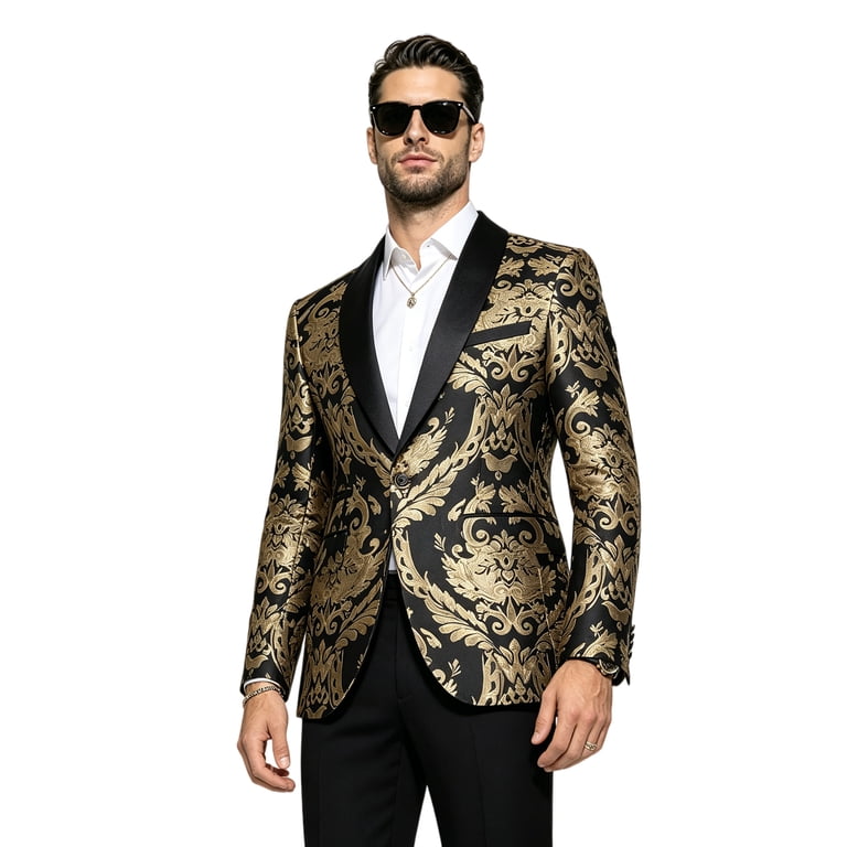 black and gold dress pants mens Men's 2-Piece Jacquard Tuxedo Suit, Slim Fit Shawl Lapel Blazer with Floral Pattern + Pants, Formal Outfit for Wedding, Prom, Party long formal wear