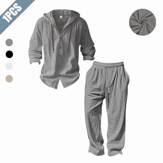 Men's 2-Piece Linen Outfit, Casual Hooded Button-Up Shirt and Drawstring Pants Set