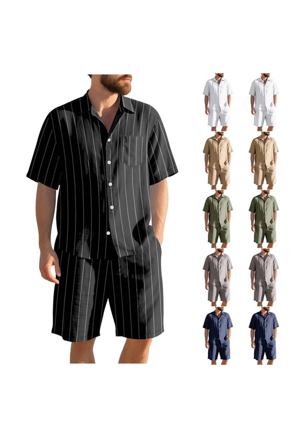 Men's 2 Piece Linen Outfit Short Sets, Casual Beach Suits Short Sleeve Button Down Shirt Drawstring Waist Shorts, Cotton Linen Relaxed Fit Vacation Wardrobe Matching | Zenithor,Khaki M