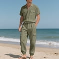 thumbnail image 1 of Men’s 2 Piece Linen Outfit Summer Beach Short Sleeve Button Down Shirt and Pants Set Muti Pocket Army Green, 1 of 8