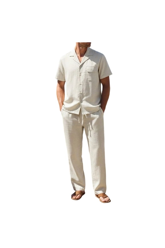 Men's 2 Piece Linen Outfits Cuban Guayabera Short Sleeve Shirts and Pants Summer Beach Vacation Sets for Men Big and Tall Size S-3XL White