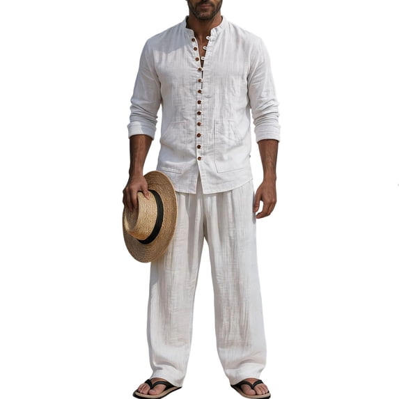Men's 2 Piece Linen Set, Long Sleeve Button Down Shirt & Wide Leg Pants, Casual Beach Vacation Matching Outfit