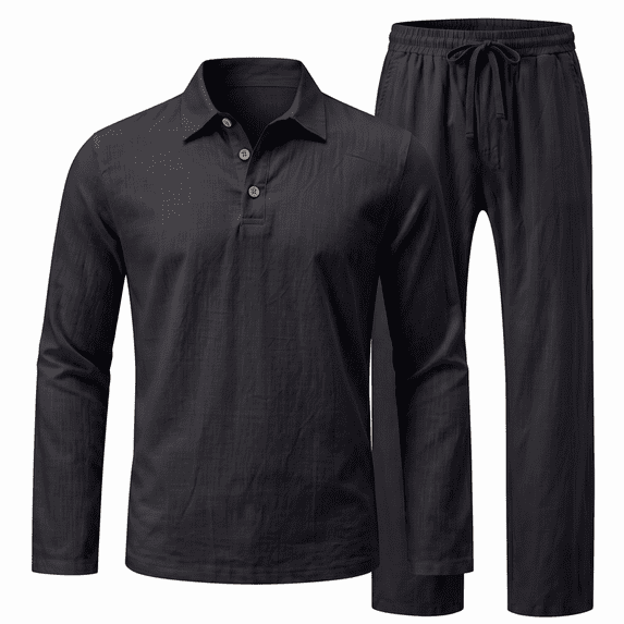 Men's 2‑Piece Linen Set, Long Sleeve Polo Shirt & Drawstring Casual Pants, Lightweight Breathable Outfit S‑3XL