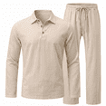 thumbnail image 1 of Men's 2‑Piece Linen Set, Long Sleeve Polo Shirt & Drawstring Casual Pants, Lightweight Breathable Outfit S‑3XL, 1 of 7