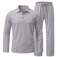 thumbnail image 1 of Men's 2‑Piece Linen Set, Long Sleeve Polo Shirt & Drawstring Casual Pants, Lightweight Breathable Outfit S‑3XL, 1 of 7