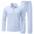 thumbnail image 1 of Men's 2‑Piece Linen Set, Long Sleeve Polo Shirt & Drawstring Casual Pants, Lightweight Breathable Outfit S‑3XL, 1 of 7