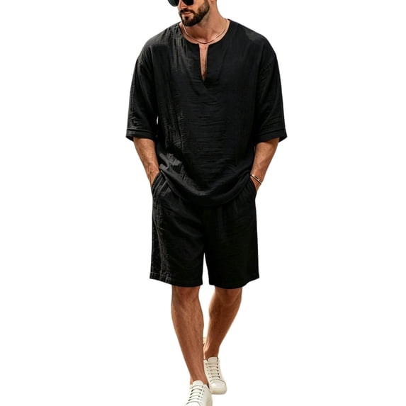 Men's 2 Piece Linen Set Loose Fit Casual Half Sleeve V Neck Shirt & Shorts Summer Beach Vacation Outfits Black