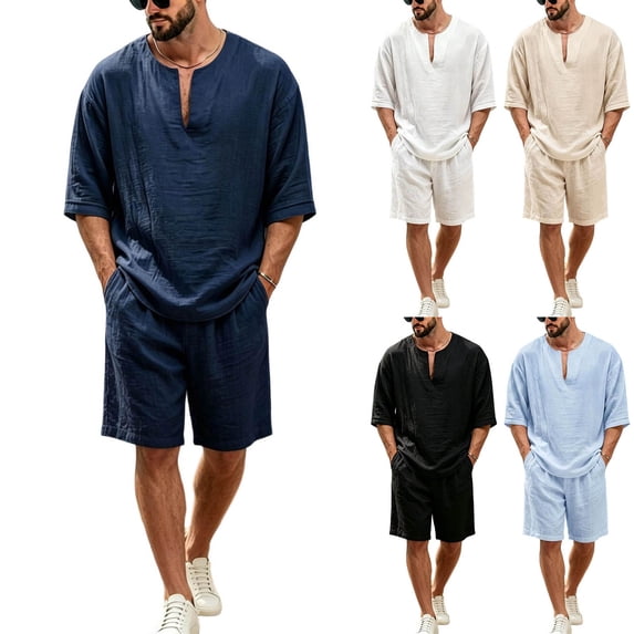 Men's 2 Piece Linen Set Loose Fit Casual Half Sleeve V Neck Shirt & Shorts Summer Beach Vacation Outfits Navy