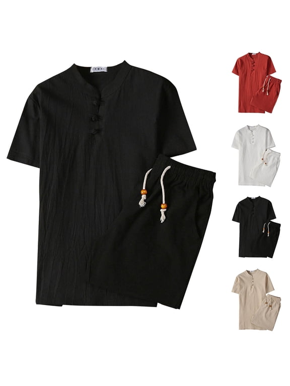 Men's 2 Piece Linen Set Short Sleeve Casual Outfit Matching Short Sleeve Button Down & Shorts Linen Cotton Fashion Trendy Streetwear Summer Beach Vacation | Zenithor,Wine 2XL