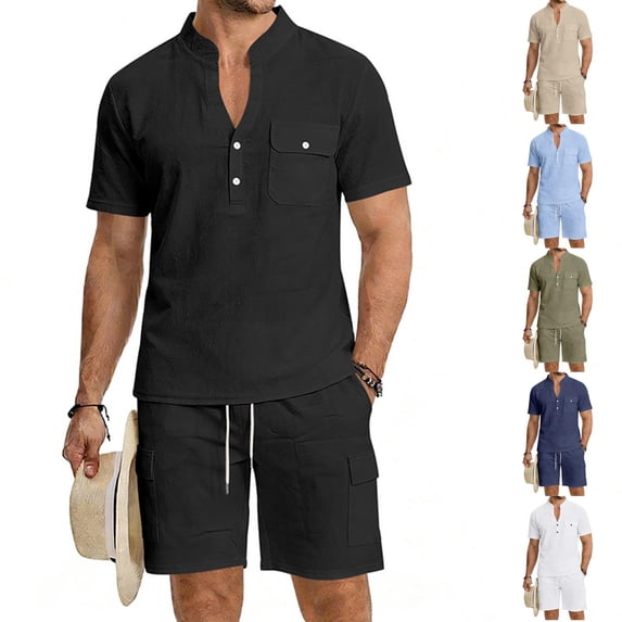 Men's 2 Piece Linen Set Short Sleeve Henley Shirt and Shorts with Pockets Summer Beach Matching Outfits Black M