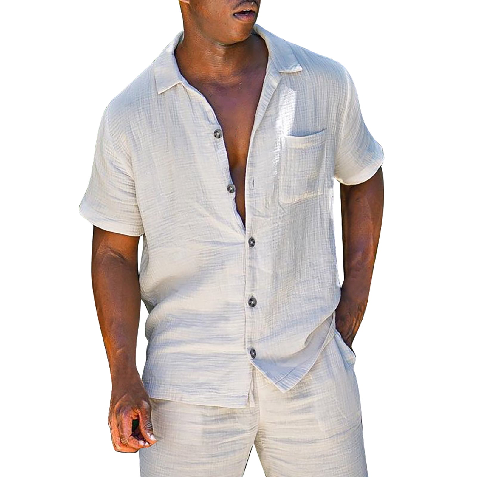 Men s 2 Piece Linen Set Short Sleeve Turn Down Collar Shirts With Pocket And Shorts Summer Beach Pants Pure Color Set Slim Fit Suit Portly Suits for Men Suit Size 30 Men