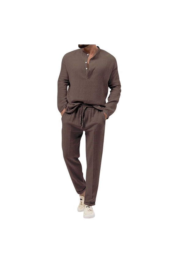 Men's 2 Piece Linen Sets Casual Long Sleeve Button Down Cuban Shirt and Loose Pants Set Beach Vacation Outfits Brown M