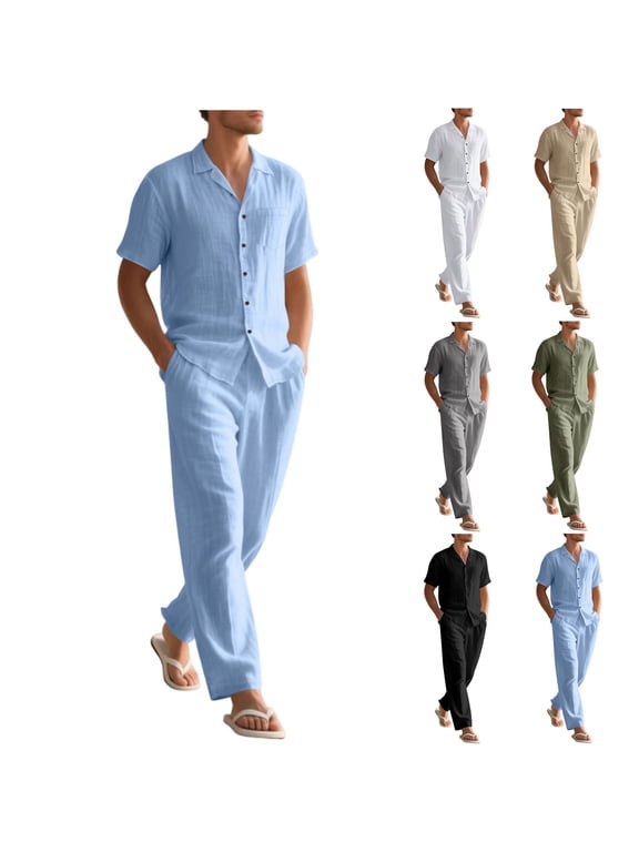 Men's 2 Piece Linen Sets Solid Color Drawstring Waist Short Sleeve Shirt & Long Pants Flip Collar Casual Beach Vacation Summer Outfits Travel | Zenithor,Army Green L