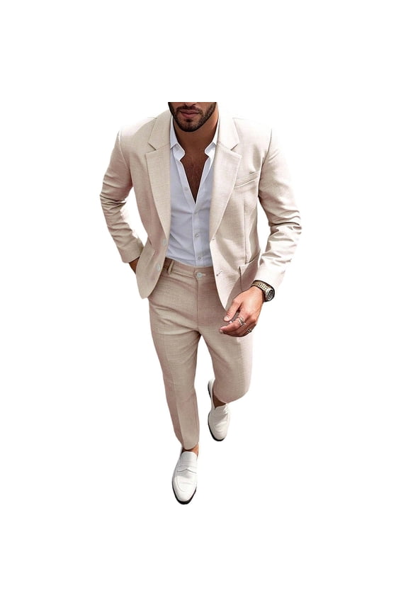 Men's 2 Piece Linen Suit Loose Fit Lightweight Breathable Two Button Sport Suit Jacket Blazer Pants Set for Spring Summer Beach Wedding Business Casual Sizes S-2XL Khaki