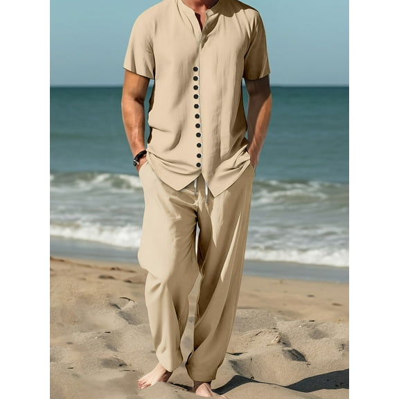 Men's 2 Piece Long Sets Casual Button Down Shirt and Pants Set Cotton Linen Set Vintage Summer Beach Outfits Loose Tracksuits Khaki 3XL