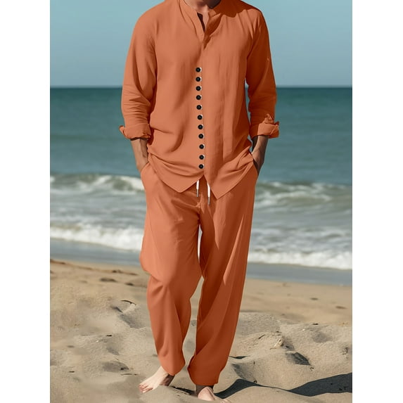 Men's 2 Piece Long Sets Casual Button Down Shirt and Pants Set Cotton Linen Set Vintage Summer Beach Outfits Loose Tracksuits Orange XXL