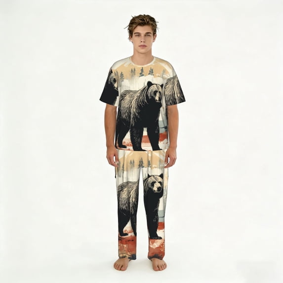 Men's 2 Piece Loungewear Pajama Set Short Sleeve Tee Top and Pants Set, Bear Rustic Lodge Southwestern