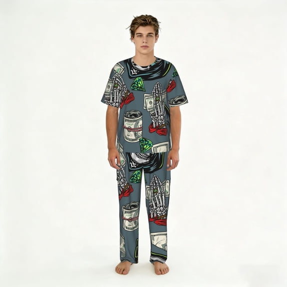 Men's 2 Piece Loungewear Pajama Set Short Sleeve Tee Top and Pants Set, Money Vintage Reaper Grim Skull