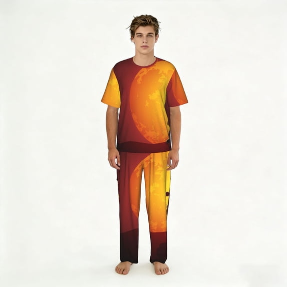 Men's 2 Piece Loungewear Pajama Set Short Sleeve Tee Top and Pants Set, Werewolf Howling Red Full Moon