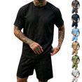 thumbnail image 1 of Men's 2 Piece Loungewear Set Short Sleeve Shirt & Shorts Summer Outfits Casual Comfortable Tracksuit Loose Fit Heavyweight Tshirt & Drawstring Shorts Casual Summer Outfits Dark Blue L, 1 of 9
