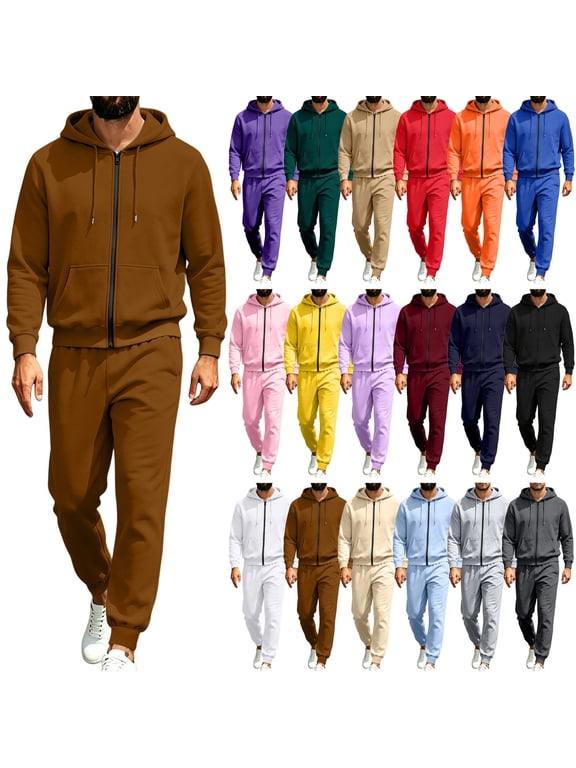 Men's 2 Piece Matching Lounge Set Sweatsuits,Full Zip Hooded Jacket and Jogger Sweatpants,Solid Color Casual Athletic Set,Fall Tracksuit,Spring Outfits