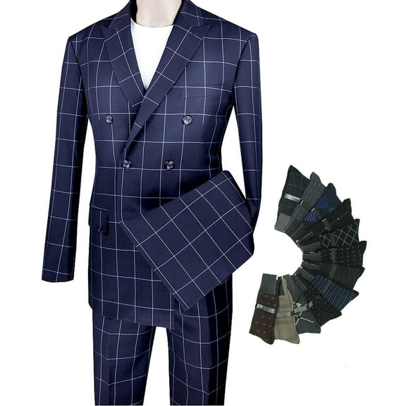 Men's 2-Piece Men's Windowpane Double Breasted Suit w/1 Pair of Socks - Blue 46S