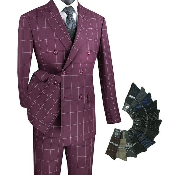 Men's 2-Piece Men's Windowpane Double Breasted Suit w/1 Pair of Socks - Wine 40R