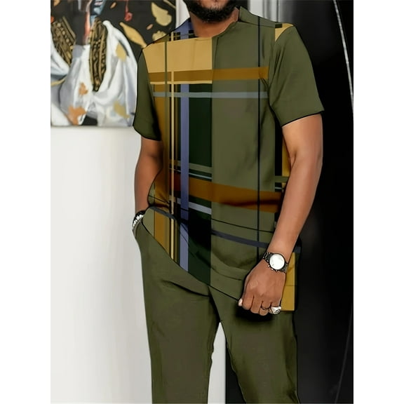 Men's 2 Piece Outfit Casual Short Sleeve Shirt Beach Summer Loose Pant SetsGreenM