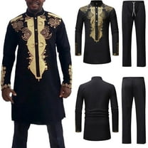 YANHOO Men's 2 Piece Outfit Long Sleeve Button up Shirt and Pants Sets Luxury African Print Traditional Dashiki Suit