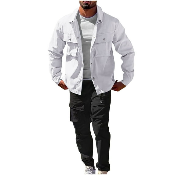 Men's 2 Piece Outfit Sets Casual Long Sleeve Button Down Jacket and Cargo Pants Sets Fashion Loose Fit Streetwear with Pockets