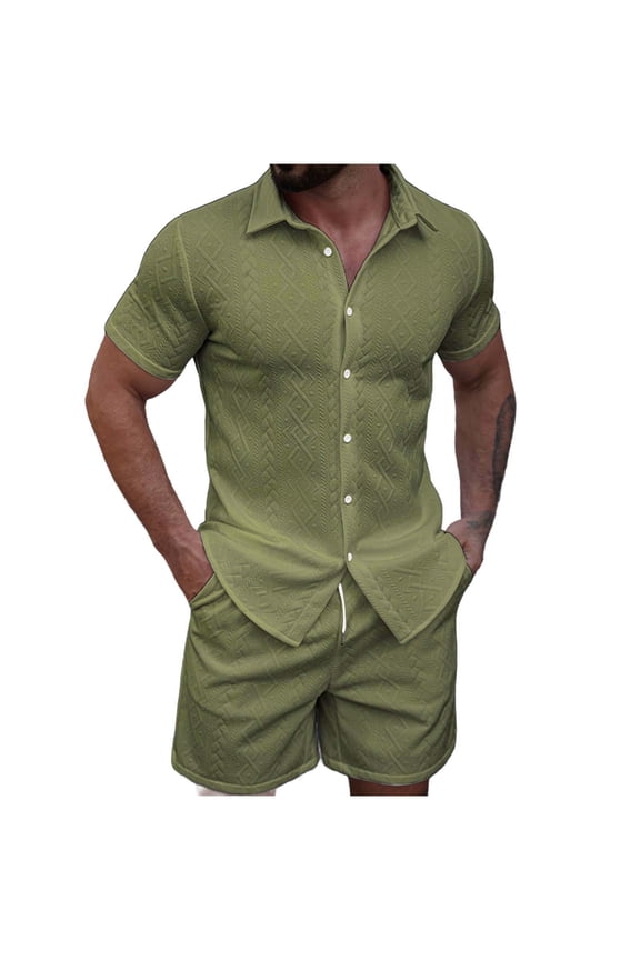 Men's 2 Piece Outfit Short Sleeve Textured Button Up Shirt with Drawstring Casual Summer Party Vacation Matching Set for Men 2XL