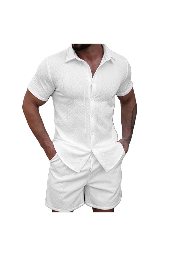 Men's 2 Piece Outfit Short Sleeve Textured Button Up Shirt with Drawstring Casual Summer Party Vacation Matching Set for Men 2XL
