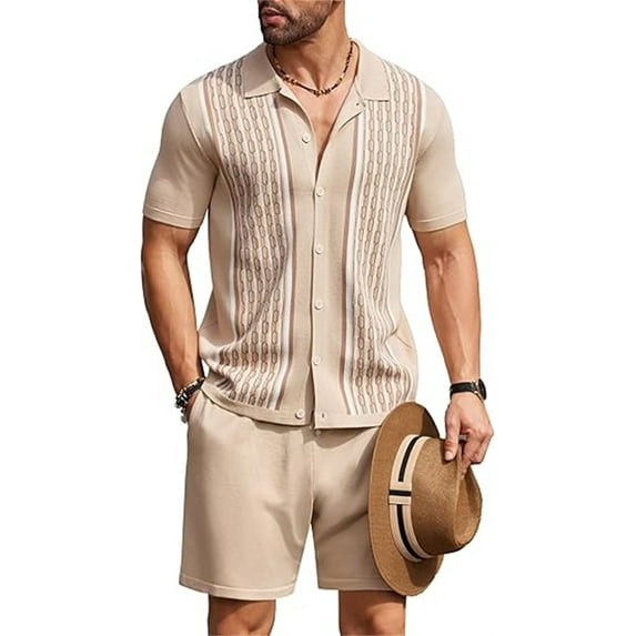 Men's 2 Piece Outfit Summer Outfits Fashion Casual Short Sleeve Polo Suit Vintage Short Sleeve Button Down Knit  Shirts Casual Beach Shorts Sets