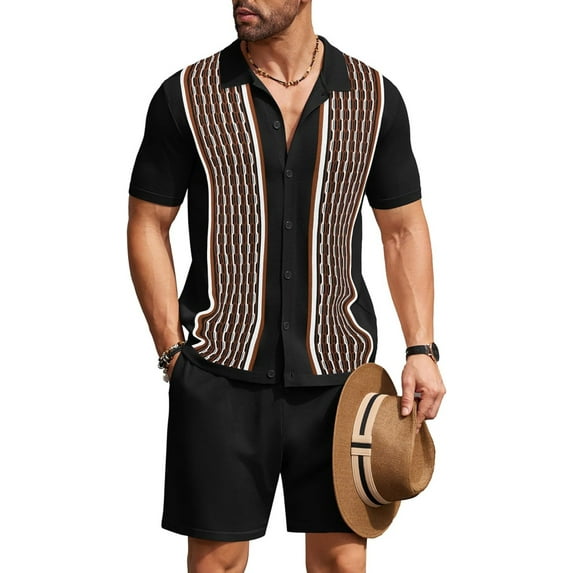 Men's 2 Piece Outfit Summer Outfits Fashion Casual Short Sleeve Polo Suit Vintage Short Sleeve Button Down Knit Shirts Casual Beach Shorts Sets