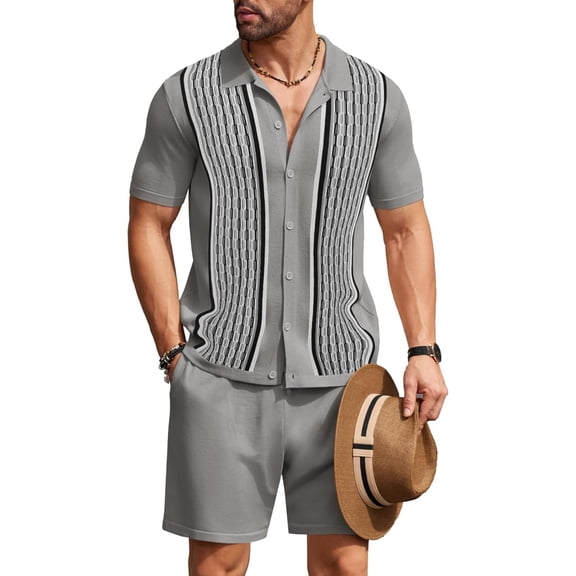 Men's 2 Piece Outfit Summer Outfits Fashion Casual Short Sleeve Polo Suit Vintage Short Sleeve Button Down Knit  Shirts Casual Beach Shorts Sets