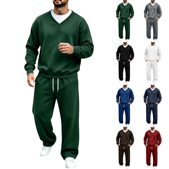 Men's 2 Piece Outfit Tracksuit Sets,Long Sleeve V Neck Sweatshirt and Wide Leg Sweatpants,Solid Color Casual Loungewear Sweatsuit Set for Spring Fall Daily Wear