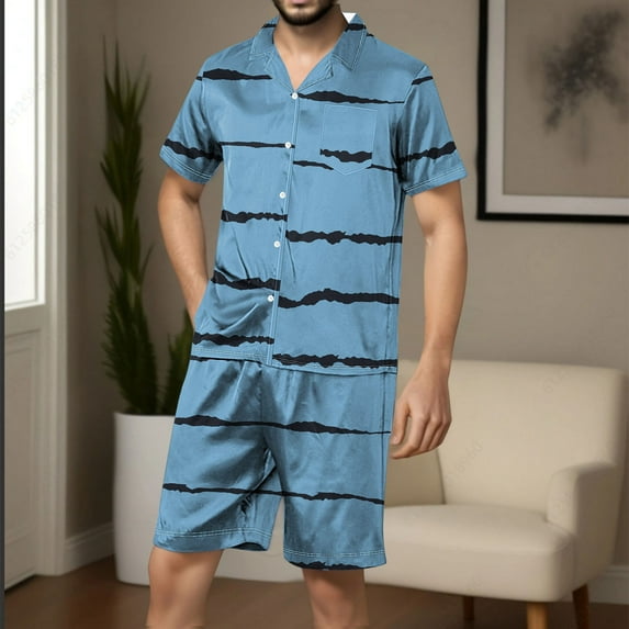 Men's 2 Piece Outfit Vintage Short Sleeve Button Down Knit Polo Shirts Casual Beach Shorts Pajamas Suit Sets