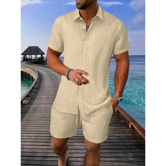 Men's 2 Piece Outfit Vintage Short Sleeve Button Down Knit Polo Shirts Casual Beach Shorts Sets Beige 3XL