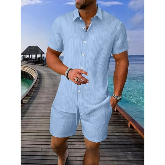 Men's 2 Piece Outfit Vintage Short Sleeve Button Down Knit Polo Shirts Casual Beach Shorts Sets Blue 3XL