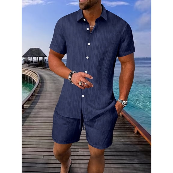 Men's 2 Piece Outfit Vintage Short Sleeve Button Down Knit Polo Shirts Casual Beach Shorts Sets Navy 3XL