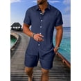 thumbnail image 1 of Men's 2 Piece Outfit Vintage Short Sleeve Button Down Knit Polo Shirts Casual Beach Shorts Sets Navy XL, 1 of 6