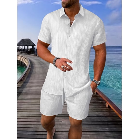 Men's 2 Piece Outfit Vintage Short Sleeve Button Down Knit Polo Shirts Casual Beach Shorts Sets White M